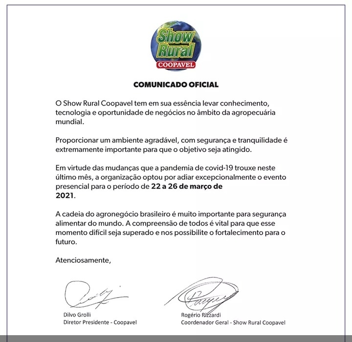 Comunicado oficial Show Rural Coopavel