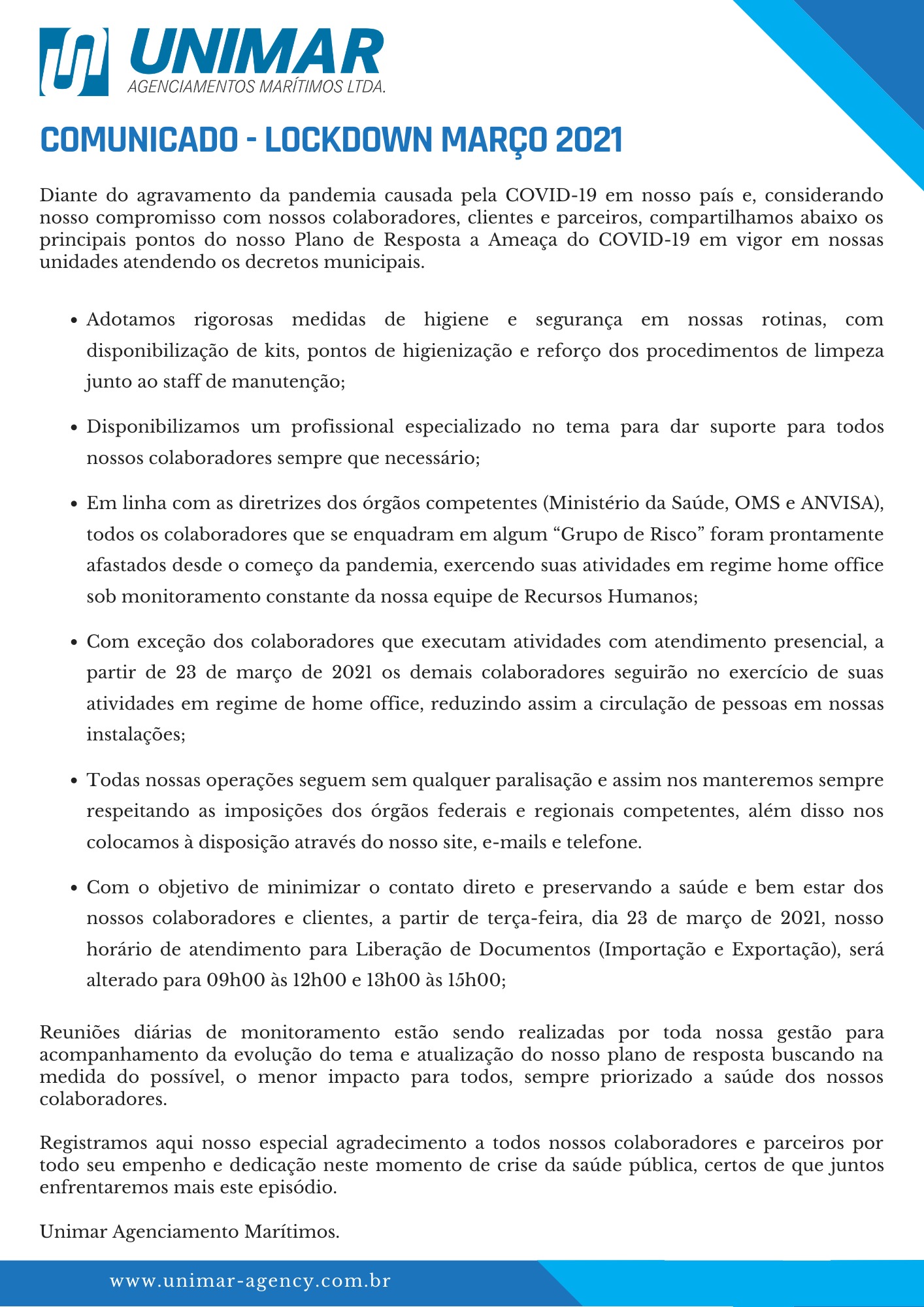 comunicado unimar shipping greve porto de santos maio 2021