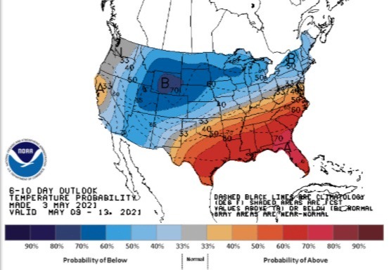 Clima nos EUA 9 a 13 de maio - Fonte: NOAA