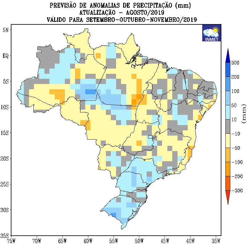 Previsão de anomalias de precipitação dos próximos 3 meses - Fonte: Inmet