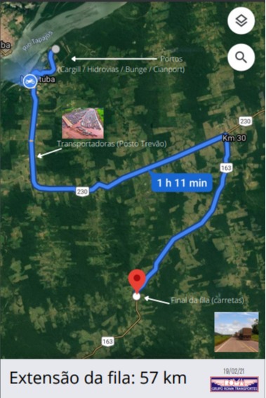 Extensão da fila de caminhões em Miritituba - Imagem: Grupo Roma Transportes/Reprodução
