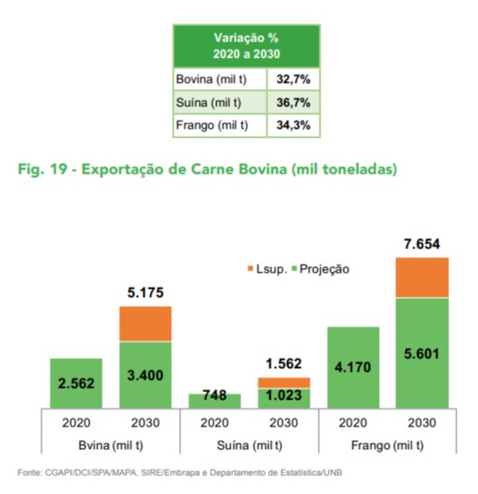 projeção mapa exportação de carnes 2020 2030