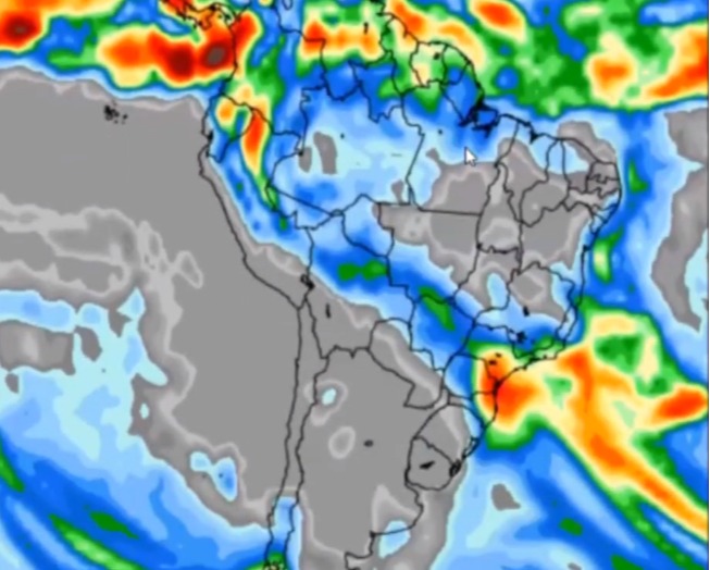 Mapa com a previsão de chuvas no Brasil na semana entre 22 e 28 de maio: - Fonte: Somar