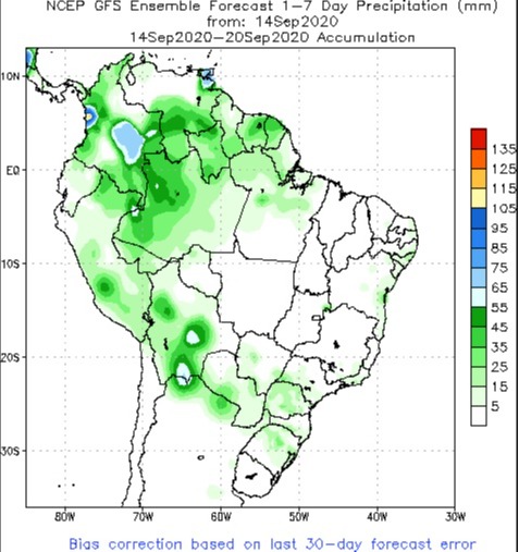 Chuvas B 14 a 20/09 Modelo GFS- Fonte: NOAA