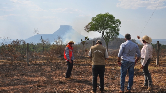 Equipes tentam cercar fogo com aceiros para evitar que atinja região Sul do Parque do Taquari (MS)