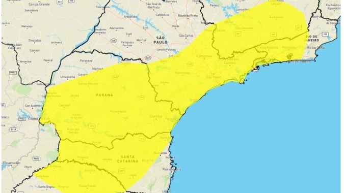 Frente fria avança e deixa parte do Sul e Sudeste em alerta amarelo para tempestade nesta 4ª