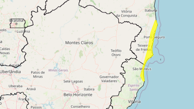 Inmet alerta para grande acumulado de chuva entre Bahia e Espírito Santo
