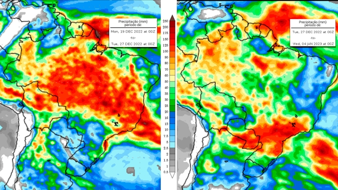 Chuvas intensas em grande parte do país, principalmente na metade Norte, no Natal , enquanto o Ano Novo deve ter maiores volumes na metade Sul do Brasil