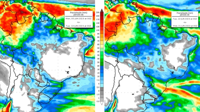Clima seco e quente na faixa central do Brasil e temperaturas mais baixas podendo provocar geadas fracas e localizadas entre o Sul e Sudeste