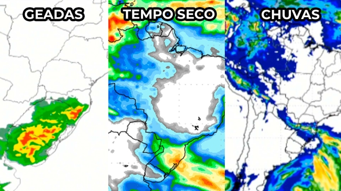 Previsão com chuvas e geadas no sul do Brasil, massa de ar seco na faixa central e El Niño com intensidade elevada para o verão