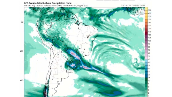 Nova rodada de chuvas está prevista para o final da próxima semana com bons volumes entre SC, PR, SP , MS e MT
