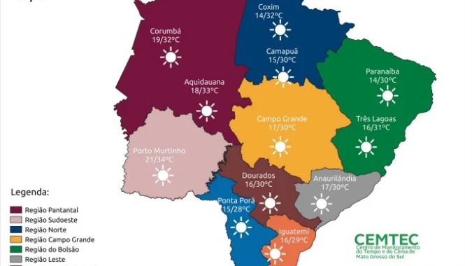 Semana em Mato Grosso do Sul começa sem previsão de chuva; tempo continua seco e temperaturas altas