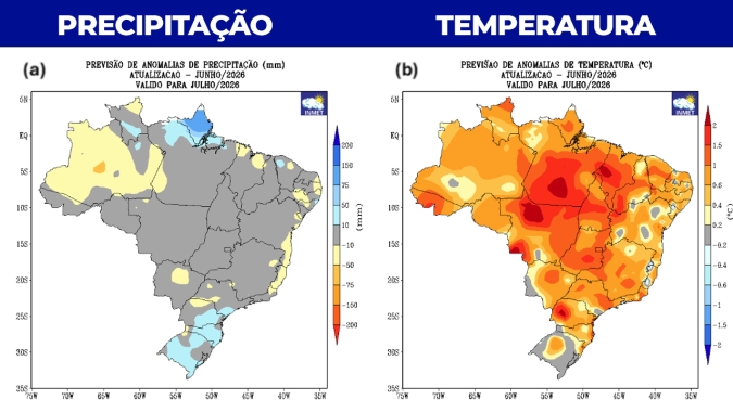 Inmet prevê chuva acima da média no Sul e temperaturas elevadas em grande parte do Brasil durante julho