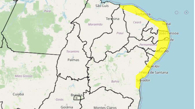 Inmet alerta para grande acumulado de chuva no litoral do Nordeste na próxima semana