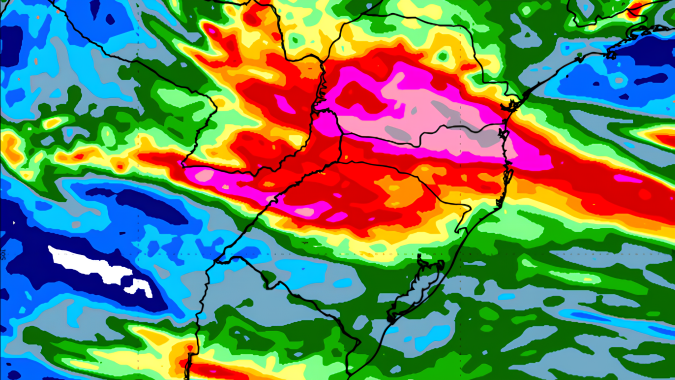 Inmet prevê acumulado de chuva em torno de 200 mm em sete dias sobre áreas do sul do Paraná e nordeste de Santa Catarina