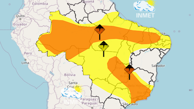 Inmet emite alertas de chuvas intensas para esta 5ª feira em grande parte do país