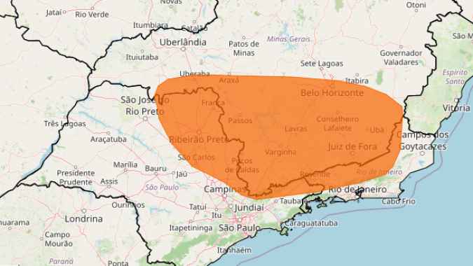 Área entre sul de Minas Gerais, São Paulo e Rio de Janeiro tem alerta laranja para tempestade