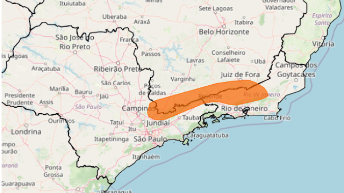 Área entre São Paulo, Minas Gerais e Rio de Janeiro tem alerta de perigo para tempestade