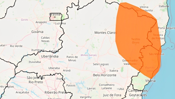 Inmet alerta para grande acumulado de chuvas entre o nordeste de Minas Gerais, sul da Bahia e norte do Espírito Santo