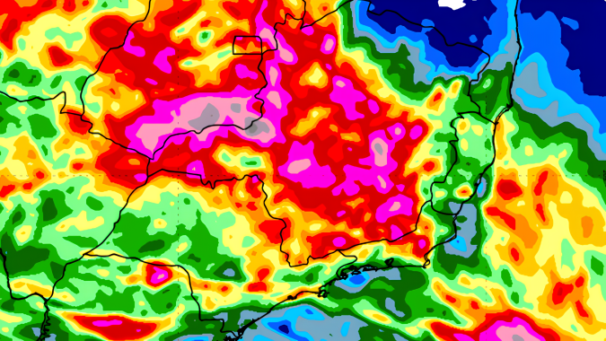 Chuva retorna ao Centro-Sul com maiores intensidades previstas em áreas do Paraná, Mato Grosso do Sul, Minas Gerais e Goiás