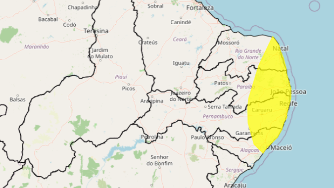 Inmet alerta para chuvas em áreas de Pernambuco, Paraíba, Rio Grande do Norte e Alagoas