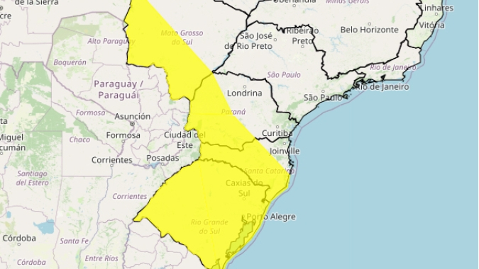 Região Sul do Brasil e sudoeste de Mato Grosso do Sul têm alerta amarelo para tempestade