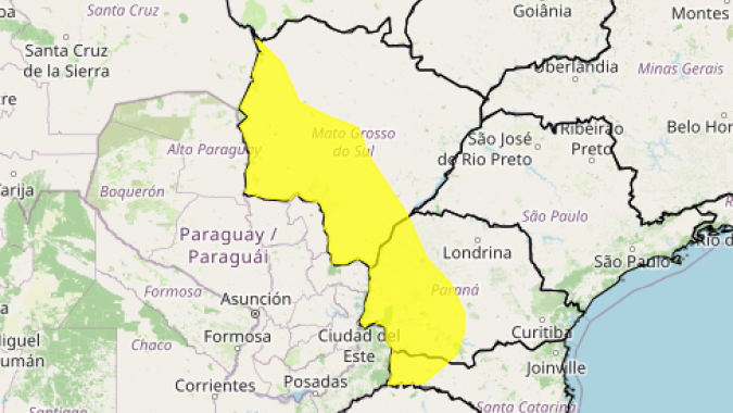 Inmet alerta para perigo potencial para tempestades em áreas do Sul e de Mato Grosso do Sul