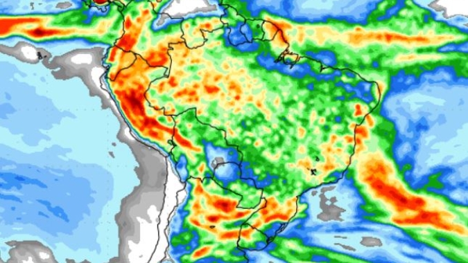 NOAA: Previsão estendida prevê boas chuvas espalhadas pelo Brasil até a primeira semana de janeiro
