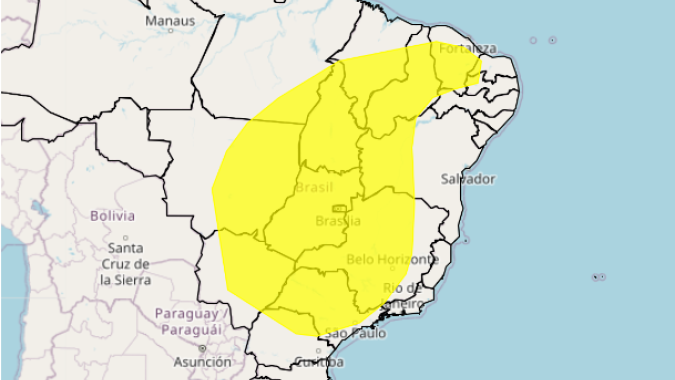 Tempo seco se mantém sobre o Centro-Oeste e alertas chegam também ao Norte, Nordeste e Sudeste