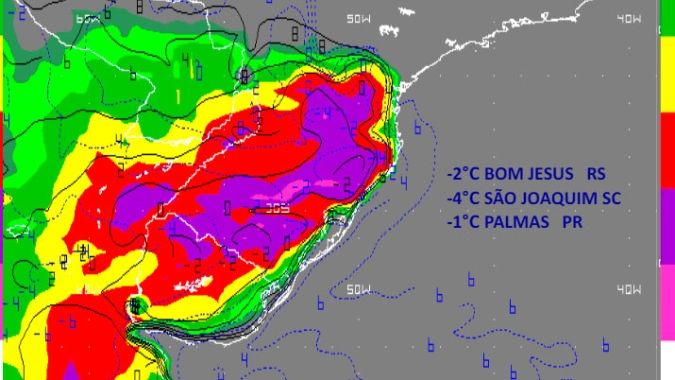 Geadas confirmadas  no Sul do Brasil com temperaturas negativas nas Serras Gaúcha e Catarinense e também no Sul do Paraná