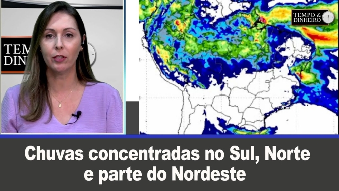 Chuvas concentradas no Sul, Norte e parte do Nordeste com temperaturas mais altas.