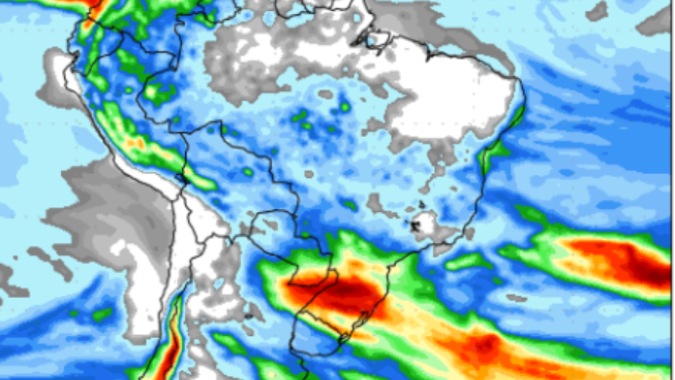 NOAA mostra redução das chuvas na região Central nos próximos 15 dias  Modelo americano sinaliza que boas chuvas ficarão restritas apenas ao Sul do Brasil