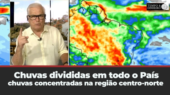 Chuvas divididas em todo o País com  chuvas na região centro-norte e abaixo da média no Sul