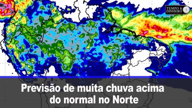 Previsão de muita chuva acima do normal no Norte, Nordeste. Enorme área com pouca chuva e calor