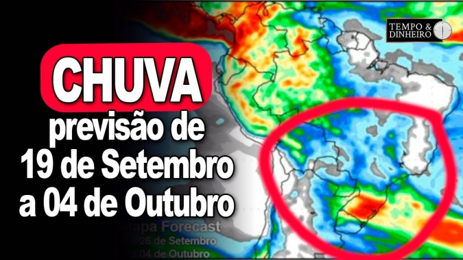 Previsão de chuvas no Sul e escassas no Brasil Central entre os dias 29 de setembro e 04 de outubro